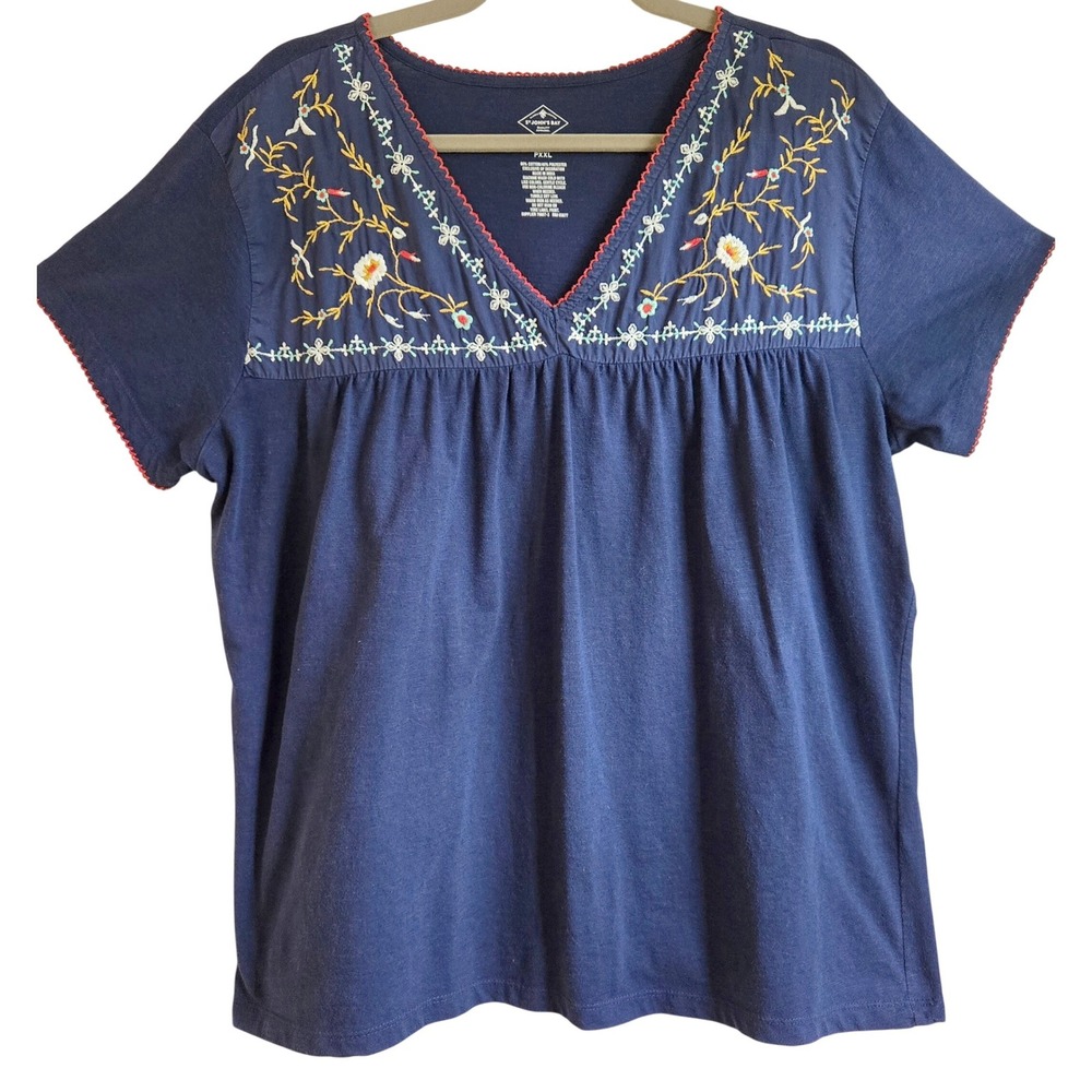 St Johns Bay Women's Navy Blue Floral Embroidered V-Neck Top Crochet Trim XXL